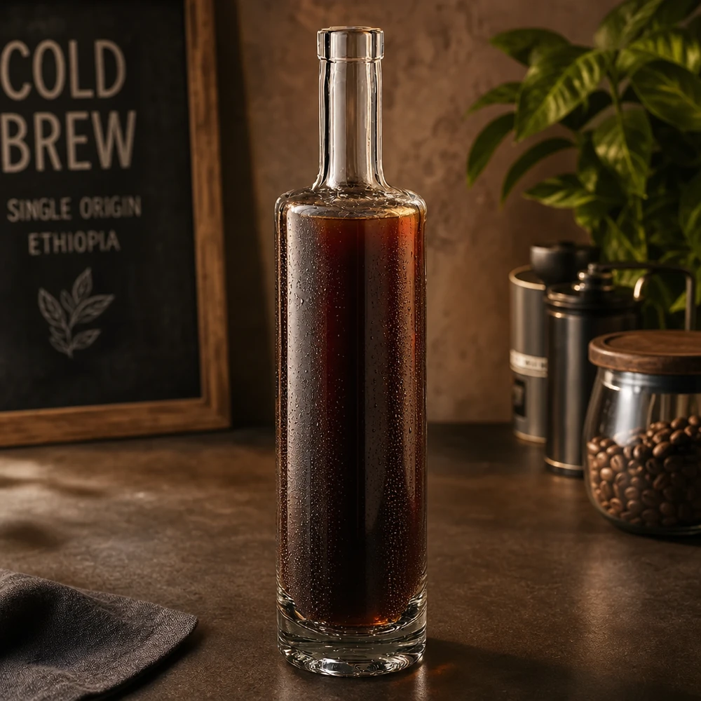 500ml Glasflasche Lina mit Cold Brew Kaffee gefüllt in stylischer Coffee-Shop Atmosphäre mit Kaffeebohnen und Vintage-De