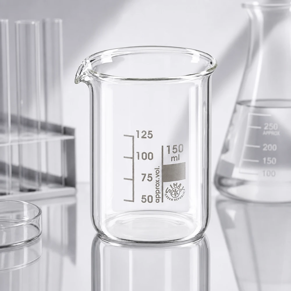 Becherglas 150ml Borosilikatglas, niedrige Form Chemieresistentes Becherglas 150ml niedrige Bauform mit ergonomischem Design für den Laboreinsatz