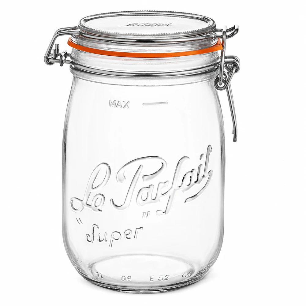 Le Parfait Super Vorratsglas 1000ml mit Bügelverschluss und orangem Dichtungsring aus klarem Glas