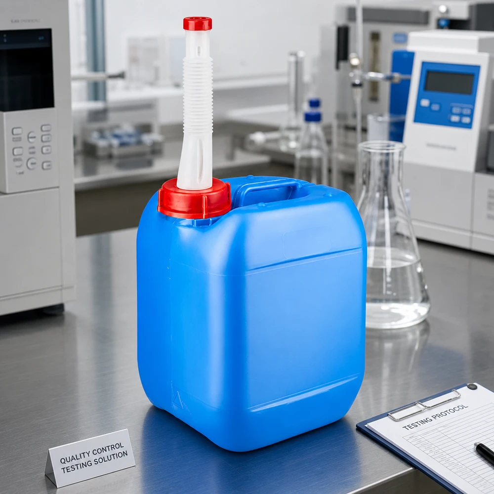 Rechteckiger 5 Liter Kanister in Blau mit langem weißem Einschenkhahn und rotem Sicherheitsverschluss