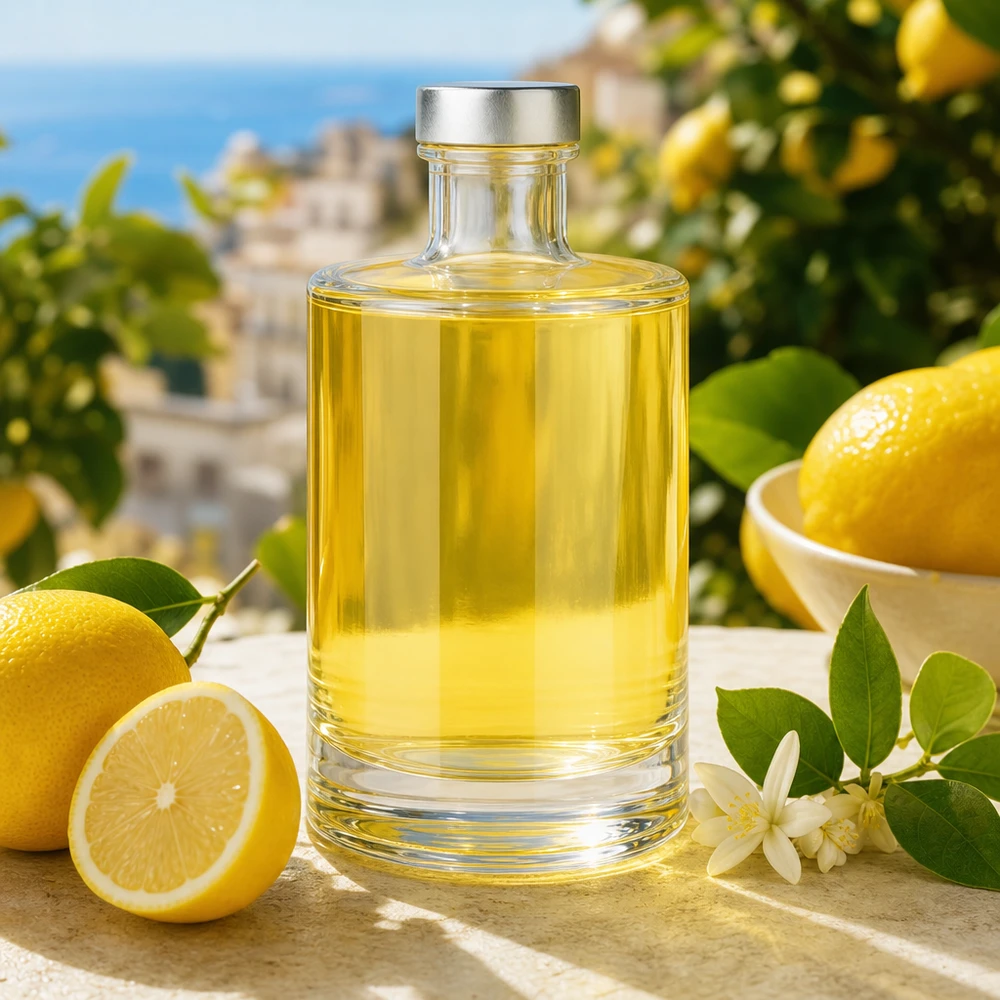375ml Glasflasche "Sam" + Schraubverschluss silber UNiTWIST 375ml Glasflasche Sam mit Zitrusöl befüllt in mediterraner Szenerie - edle Spirituosenflasche für Limoncello
