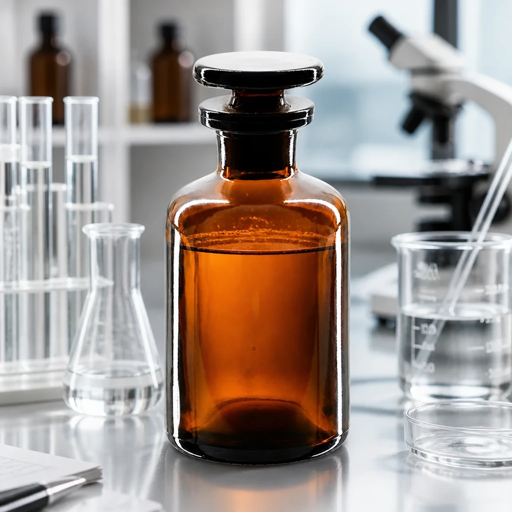 Dunkelbraune 50ml Vorratsflasche mit Rundschulter und luftdichtem Glasstopfen Enghals
