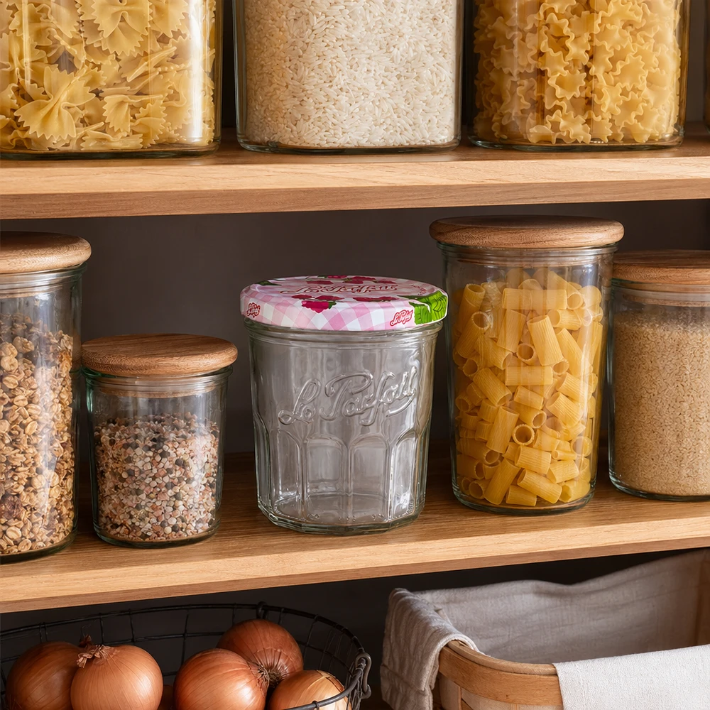 324ml Le Parfait Sturzglas mit Schraubdeckel in organisierter Vorratsküche zwischen Pasta und Gewürzbehältern
