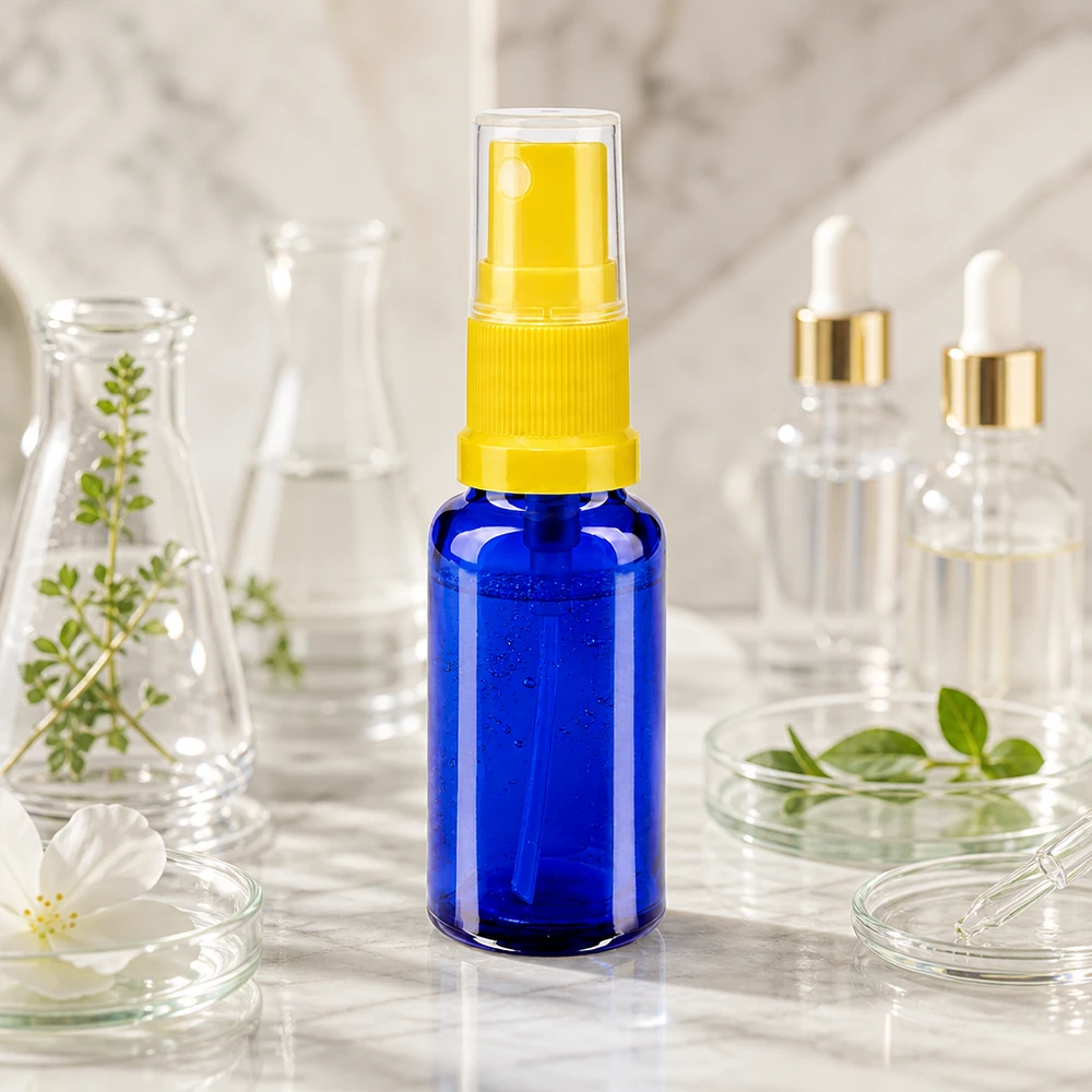 Apothekenflasche blau 20ml Sprayaufsatz gelb Zerstäuberflasche aus blauem Apothekerglas 20ml mit UV-Schutz und gelbem Sprühaufsatz