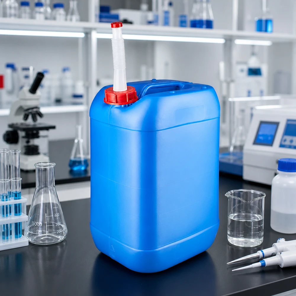 Kanister 25 Liter blau mit Auslaufrohr Flex 25 Liter Vorratsbehälter blau mit weißem Auslaufrohr für Chemikalien und Laborflüssigkeiten