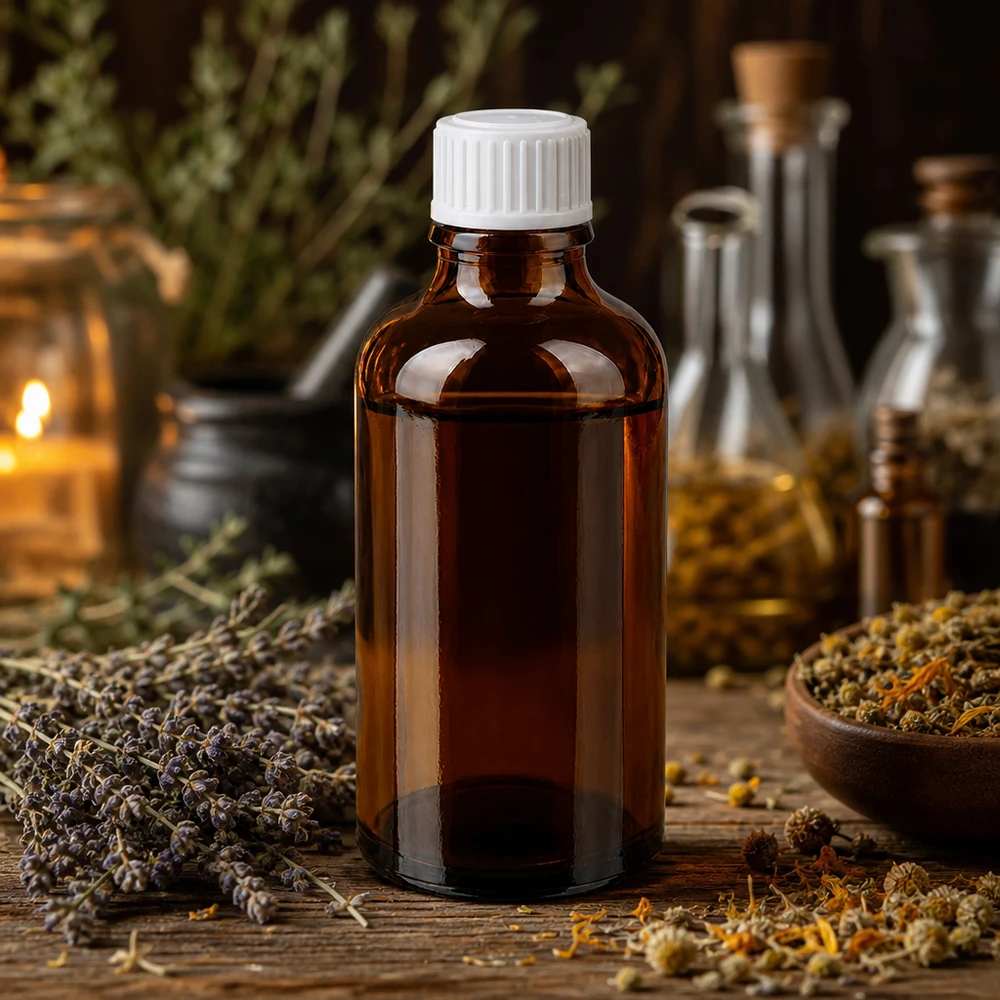 Apothekenflasche braun 50ml Schraubverschluss weiß Standard Apothekerflasche aus Braunglas für Naturheilkunde mit Heilpflanzen und Glasgefäßen im Hintergrund