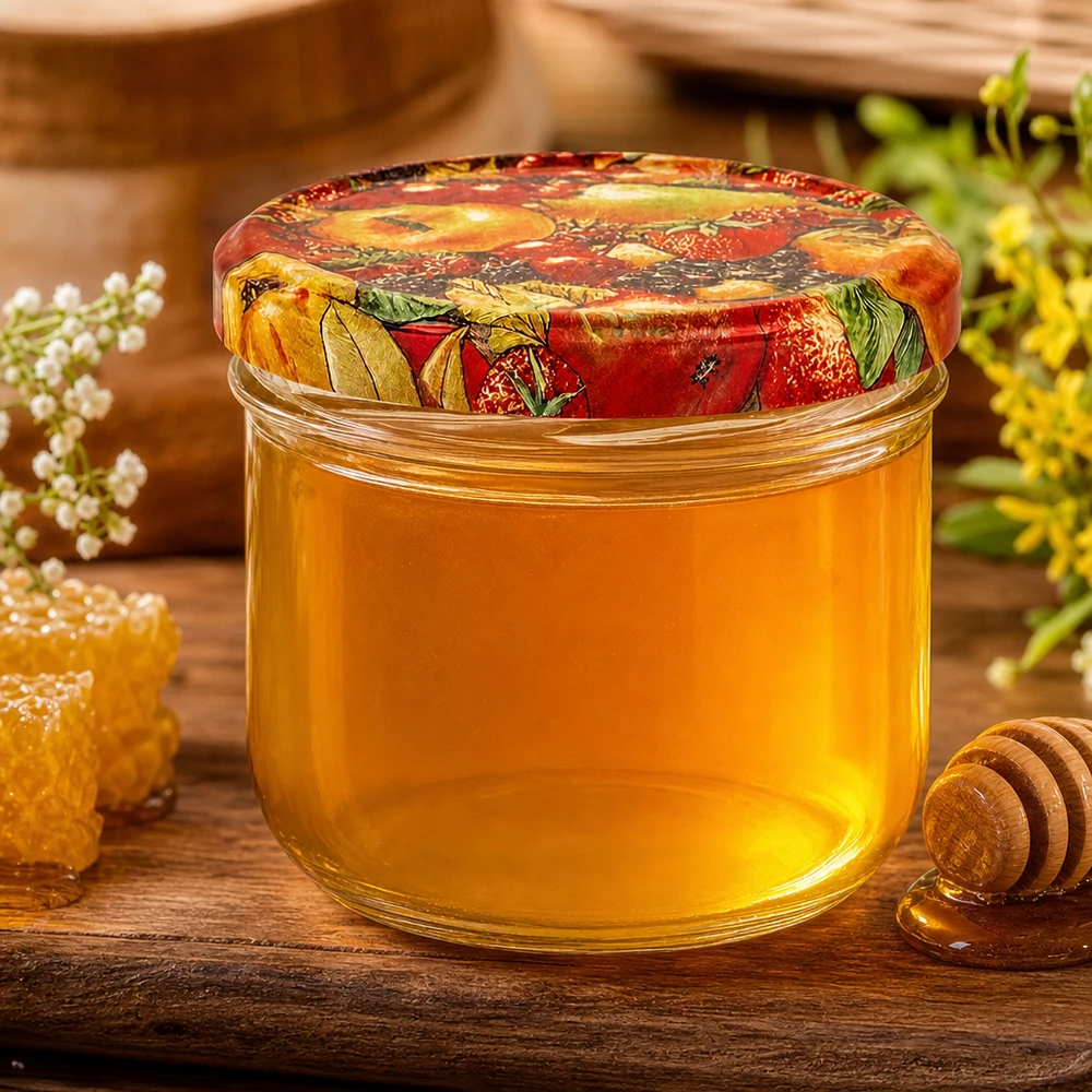 Honig im 260ml Sturzglas mit BasicSeal Obst-Dekor Deckel, dekorative Aufbewahrung für natürliche Lebensmittel