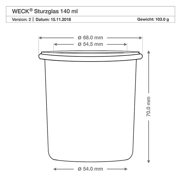 140ml Sturzglas mit Glasdeckel WECK RR60 Technische Zeichnung WECK Sturzglas 140ml RR60 mit Maßangaben und Spezifikationen für Holzkugel-Deckel aus Buche