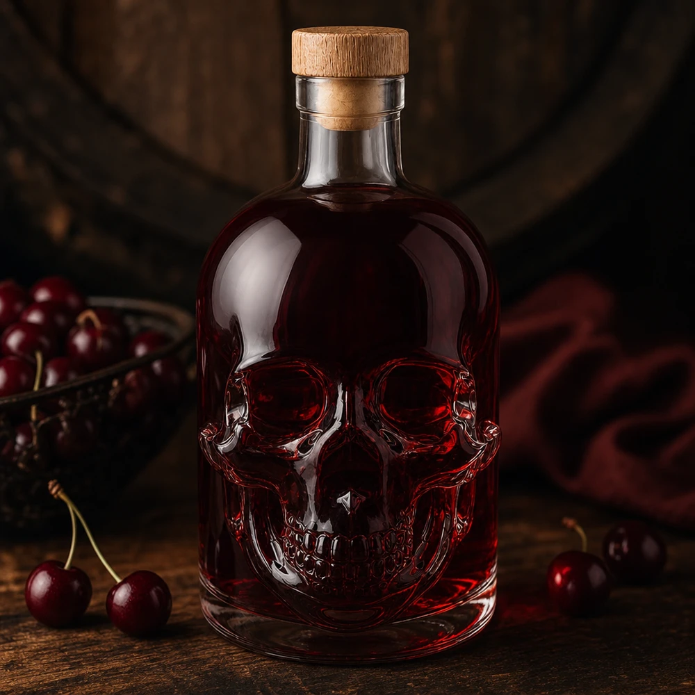 500ml Glasflasche "Jack" mit Holzgriff-Korken UNiTWIST Jack Glasflasche 500ml mit rotem Inhalt und Kirschen, Totenkopf-Design mit Holzkorken in dunkler Atmosphäre