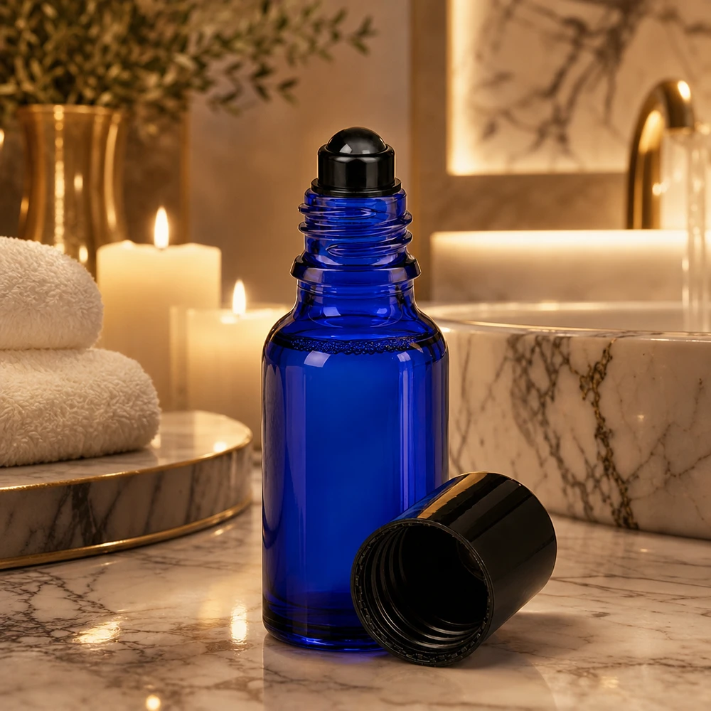 Kleine Rollerflasche aus kobaltblauem Glas neben brennenden Kerzen im Badezimmer