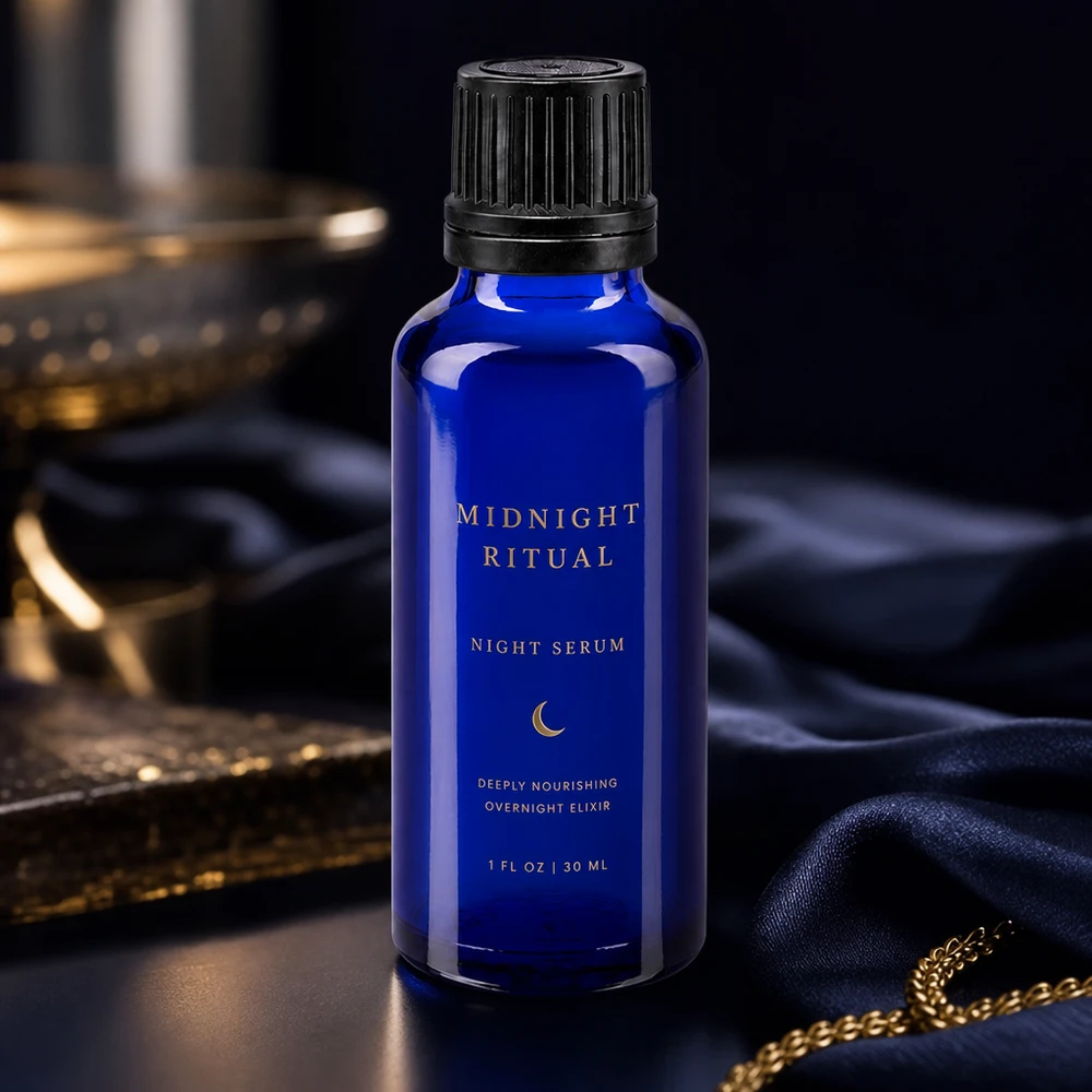 Apothekenflasche blau 30ml Schraubverschluss schwarz Giessring Originalitätsverschluss Elegante blaue 30ml Glasflasche mit OV-Verschluss auf Seidentuch neben Goldkette