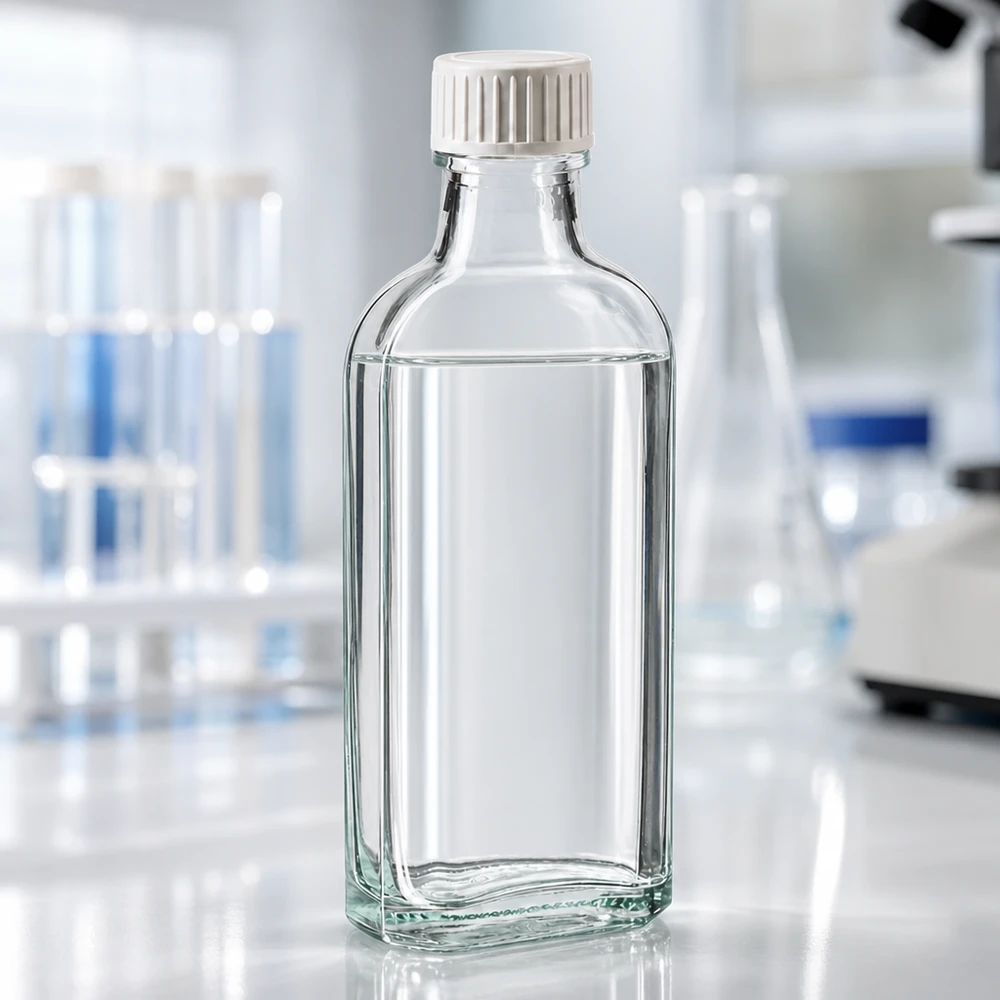 Rechteckige Glasflasche 100ml mit weißem Schraubverschluss und dichtendem Schaumeinsatz