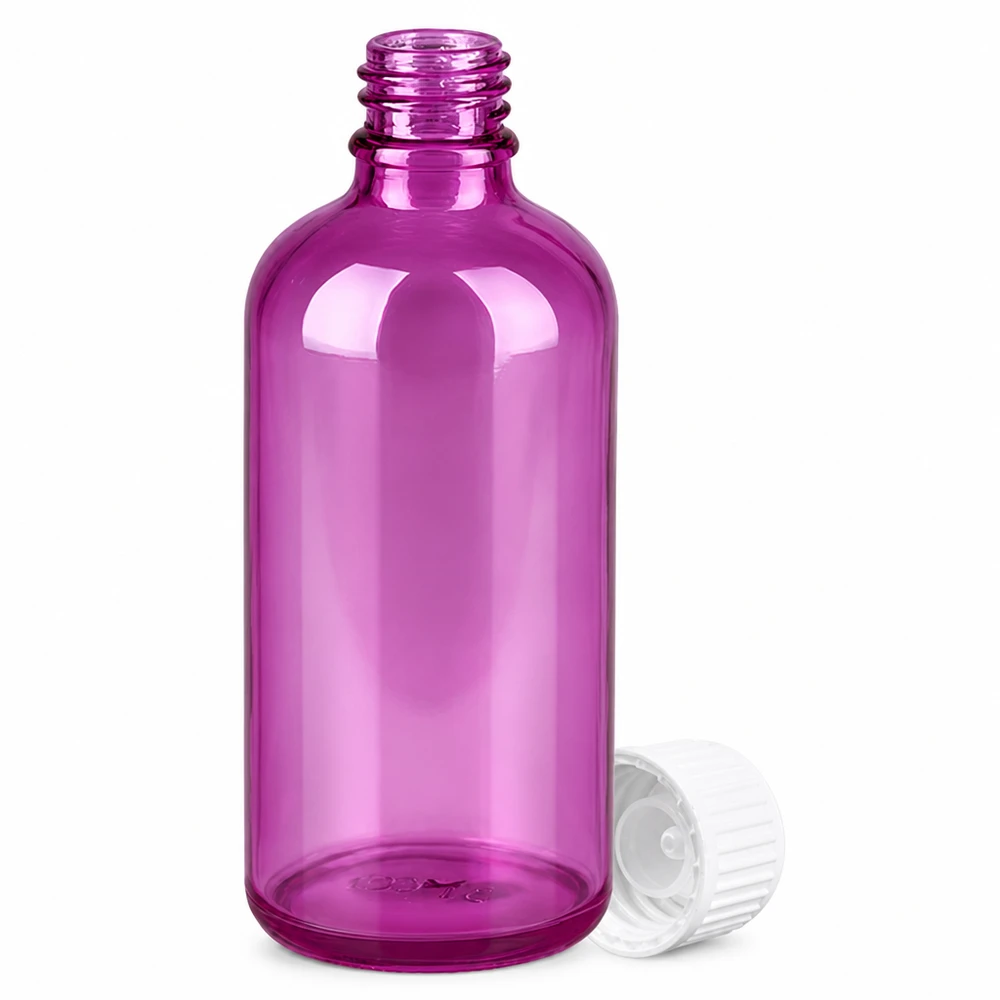 100ml (Globuli)Flasche 3mm Giessring weiß Standard PurpleLine. UT18/100 Hochwertige violette Glasflasche 100ml mit UV-Schutz und weißem Kunststoffverschluss