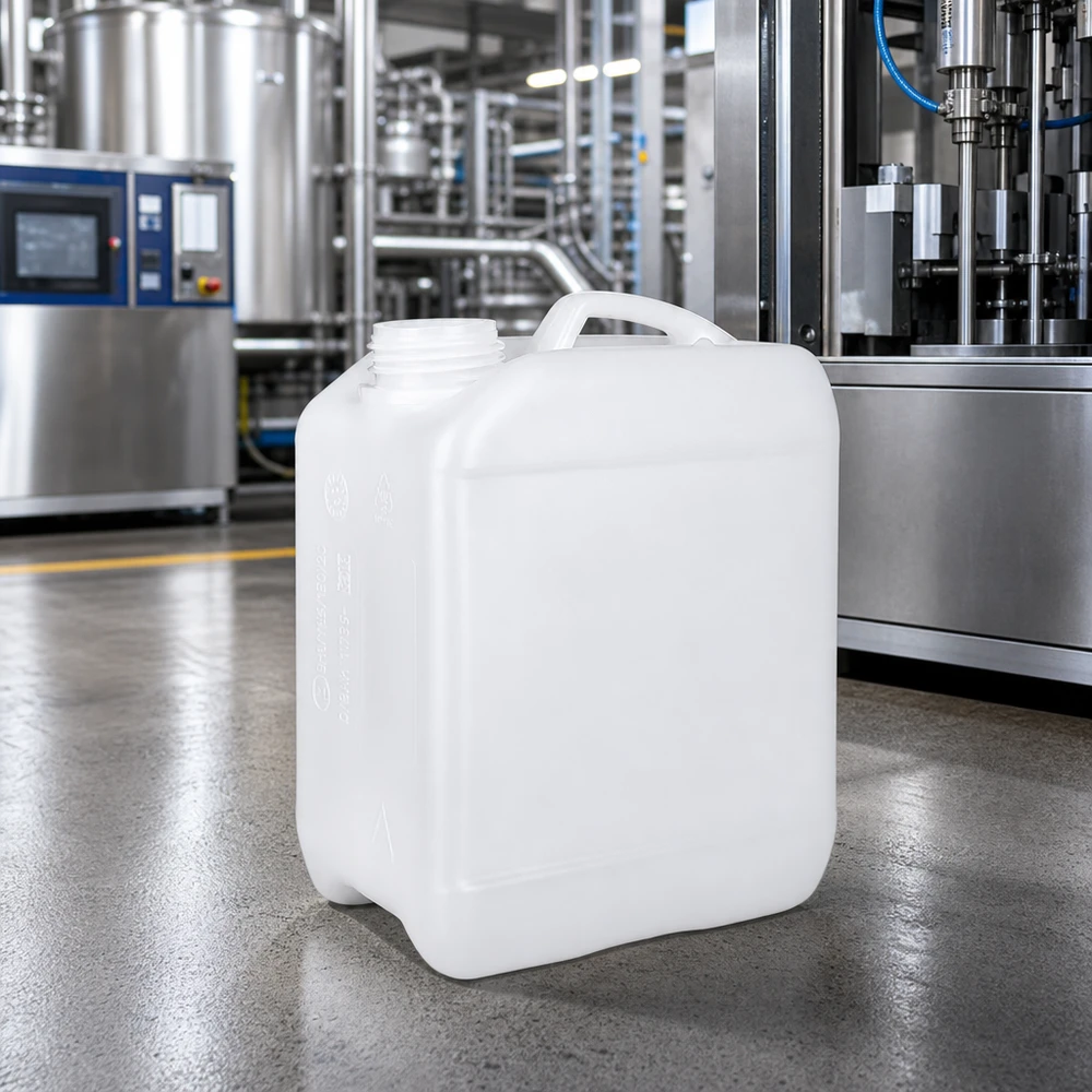 Kanister 2.5 Liter ohne Verschluss Transluzenter HDPE-Kanister 2,5 L mit Schraubgewinde und Tragegriff in Produktionsumgebung