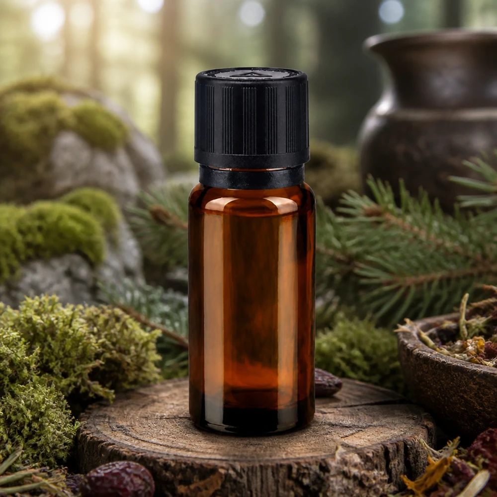 Braunglas Arzneimittelflasche 10ml mit Originalitätsverschluss zwischen Moos und Tannenzweigen
