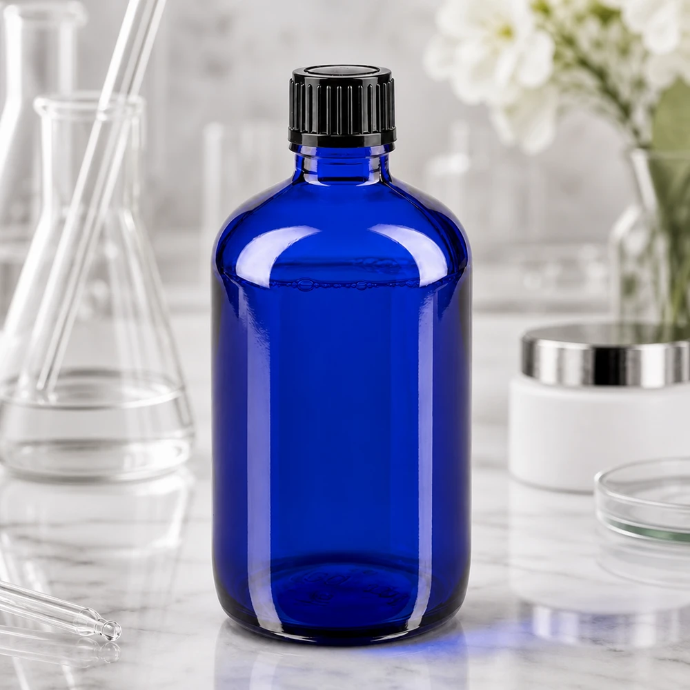 Apothekenflasche blau 100ml Schraubverschluss schwarz Standard Blaue Apothekerflasche 100ml mit 11mm Standardverschluss neben Erlenmeyerkolben