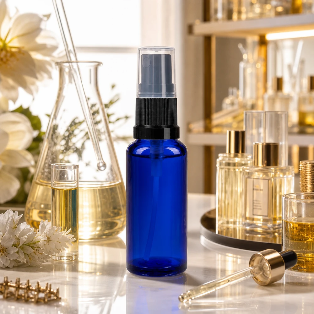 Apothekenflasche blau 30ml Sprayaufsatz schwarz 30ml kobaltblaue Glasflasche mit schwarzem Pumpsprühkopf umgeben von Parfümflakons und Laborgeräten