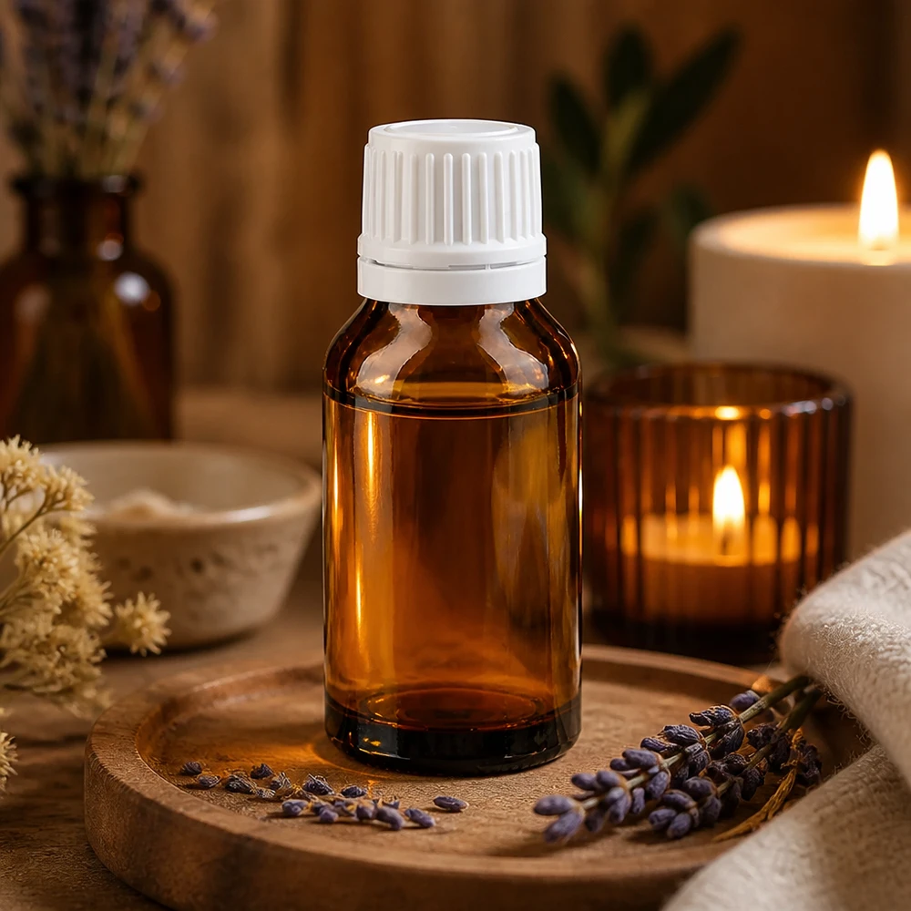 Aromatherapie Braunglas Flasche 15ml mit weißem Dosierverschluss und Lavendeldeko