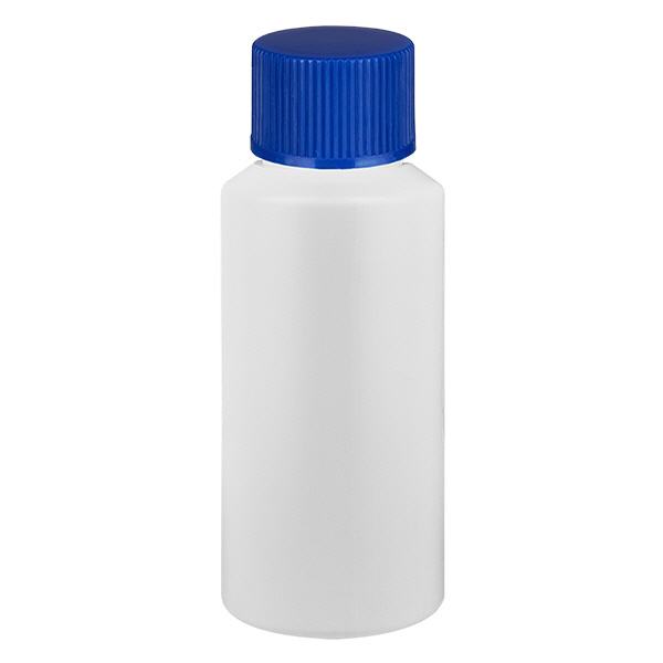 Apothekenflasche HDPE 30ml weiß, mit blauem Schraubverschluss Apothekenflasche HDPE 30ml weiß, mit blauem Schraubverschluss
