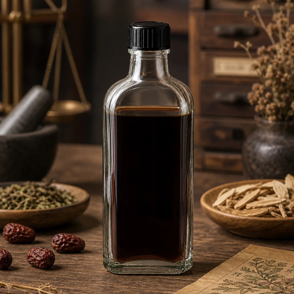 Rechteckige Glasflasche 100ml Meplat mit LKD-Dichtscheibe neben traditionellen Kräutern und Gewürzen