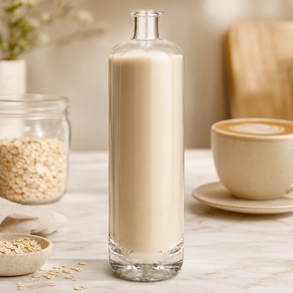 700ml Glasflasche Ella mit cremiger Hafermilch befüllt neben Haferflocken und Kaffeetasse in natürlicher Küchenszene