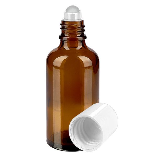 Apothekenflasche braun 50ml Roll-On Verschluss weiß Apothekenflasche braun 50ml Roll-On Verschluss weiß