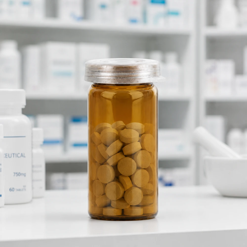 Tabletten/Rollrandglas 5ml klar mit Schnappdeckel Kleines Glasfläschchen 5ml mit runden gelben Pillen in Pharmazie-Umgebung und Silberdeckel