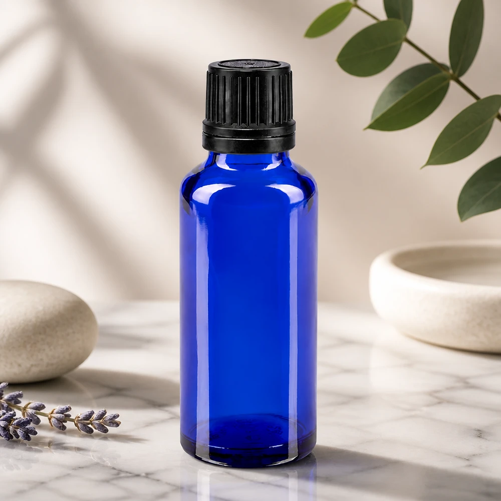 Apothekenflasche blau 30ml Schraubverschluss schwarz Giessring Originalitätsverschluss Blaue Pharmaflasche 30ml aus UV-Schutzglas mit schwarzem OV-Deckel neben Lavendelzweigen
