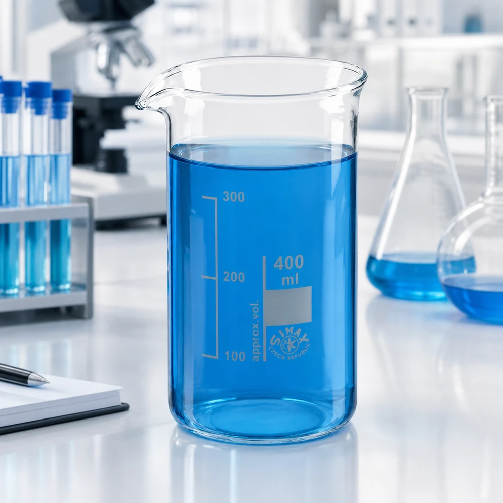 Becherglas 400ml Borosilikatglas, hohe Form Hohes Becherglas 400ml Borosilikatglas neben Erlenmeyerkolben und Reagenzgläsern im Labor