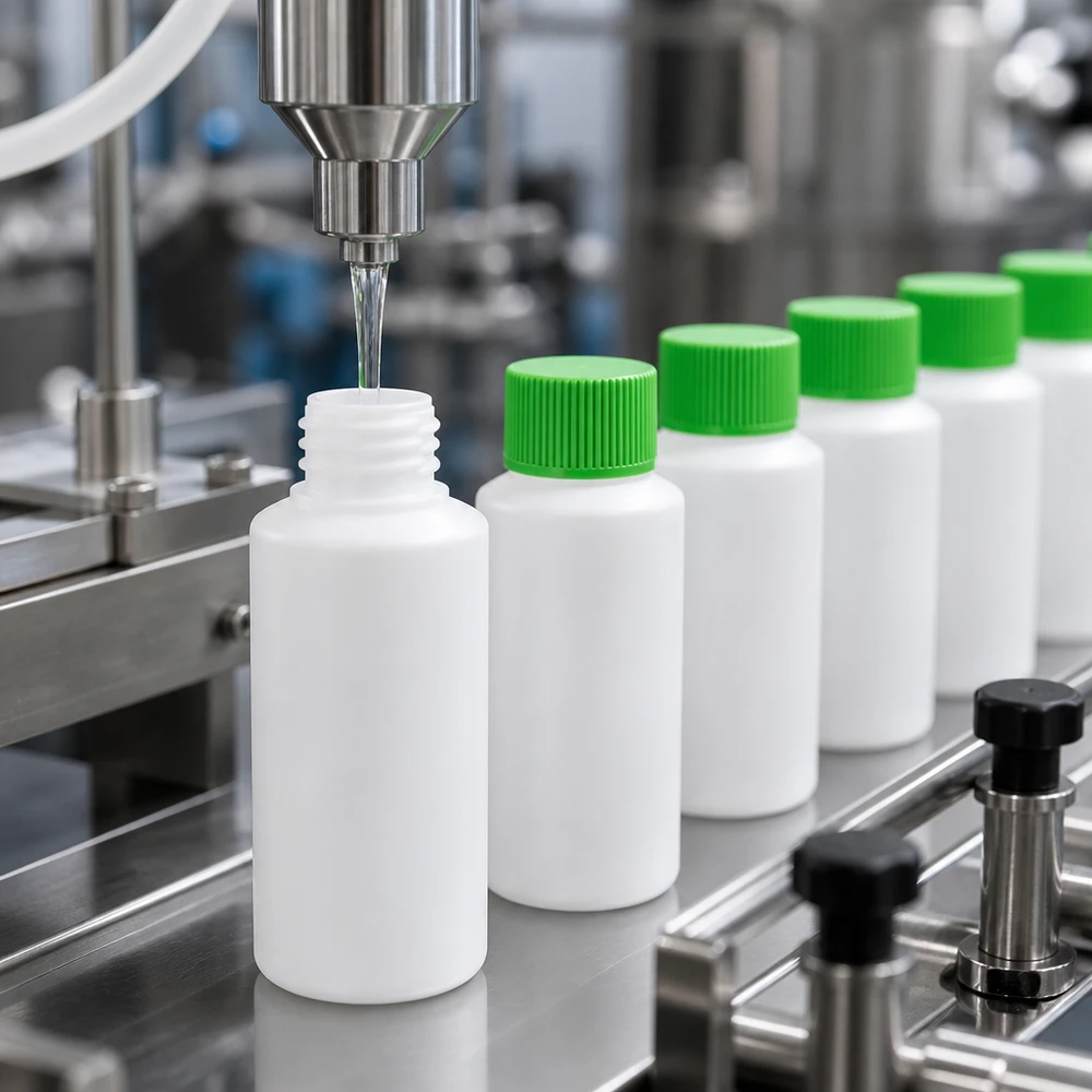 Weiße HDPE Apothekenflaschen 30ml mit grünem SV auf Edelstahl-Förderband in Produktion