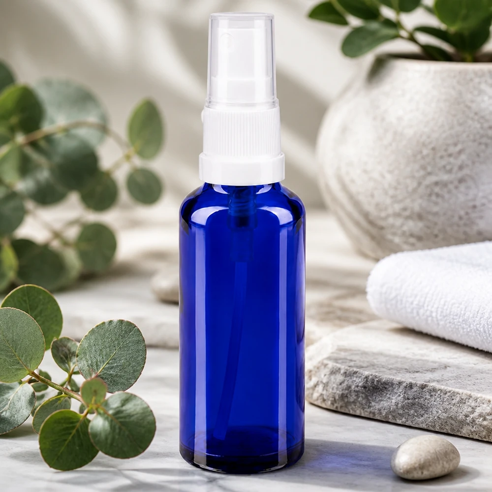 Kobaltblaue 10ml Apothekerflasche mit weißem Zerstäuber in spa-ähnlichem Arrangement