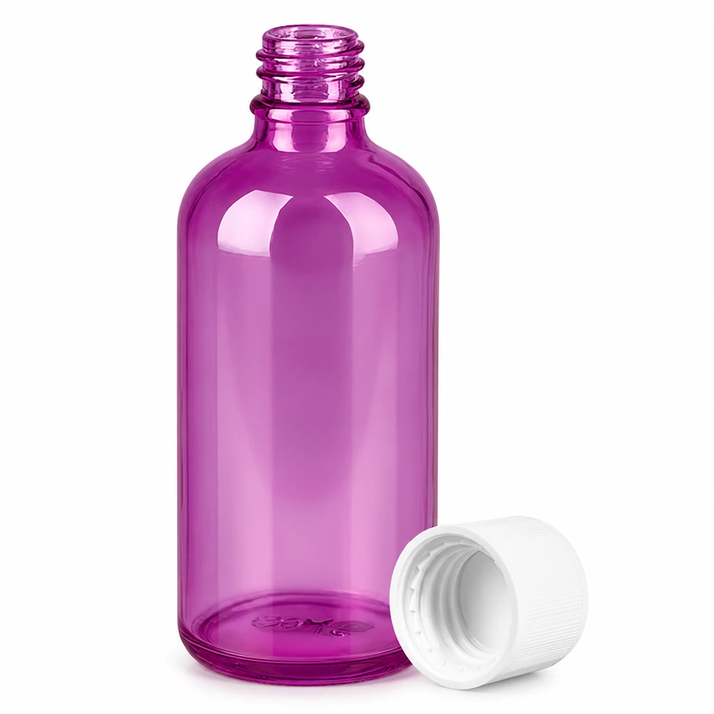 100ml Flasche 11mm Schraubverschluss weiß Standard Kindersicher PurpleLine. UT18/100 Rundschulterflasche 100ml aus durchsichtigem lila Kunststoff mit Standard Verschlusssystem
