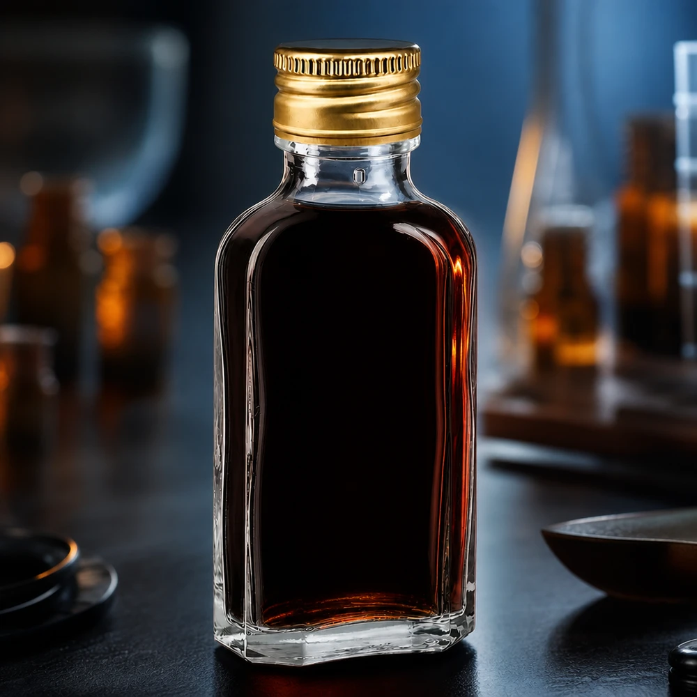 50 ml Meplat klar mit Alu Verschluss gold PP22 Durchsichtige flache 50ml Glasflasche Meplat mit goldenem PP22 Verschluss für Aromaöle und Extrakte