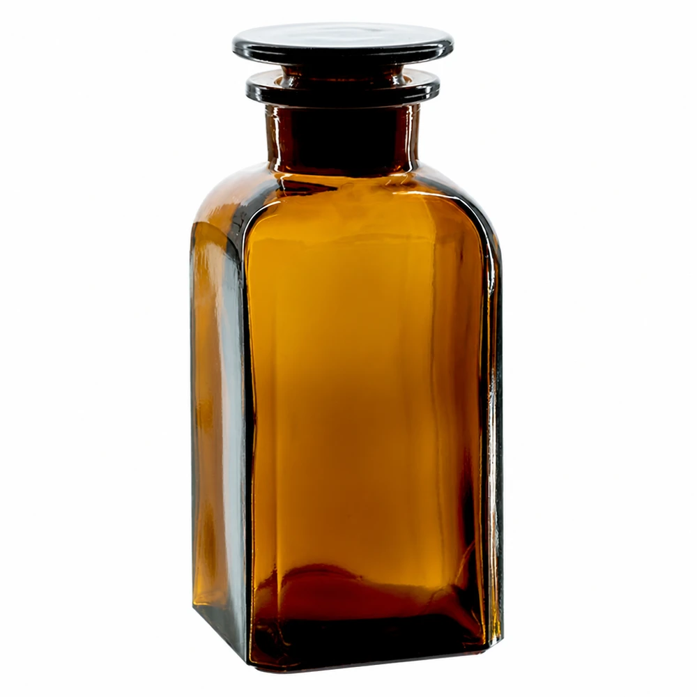Vierkantflasche 350ml braun Weithals Glasstopfen Braunglas Vierkantflasche 350ml Weithals mit flachem Glasstopfen UV-Schutz Laborbedarf