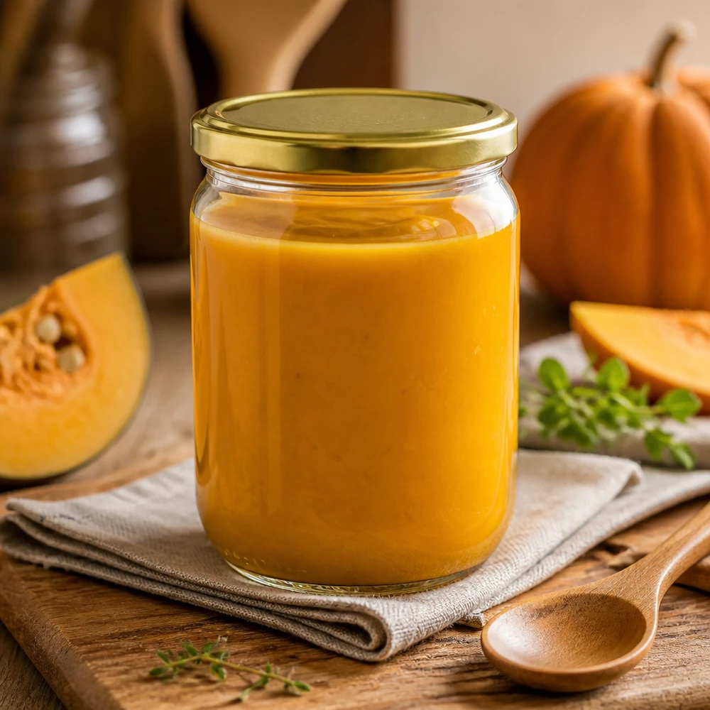UniTwist Rundglas 555ml mit Kürbissuppe befüllt zeigt optimale Füllmenge und Twist-off Verschluss