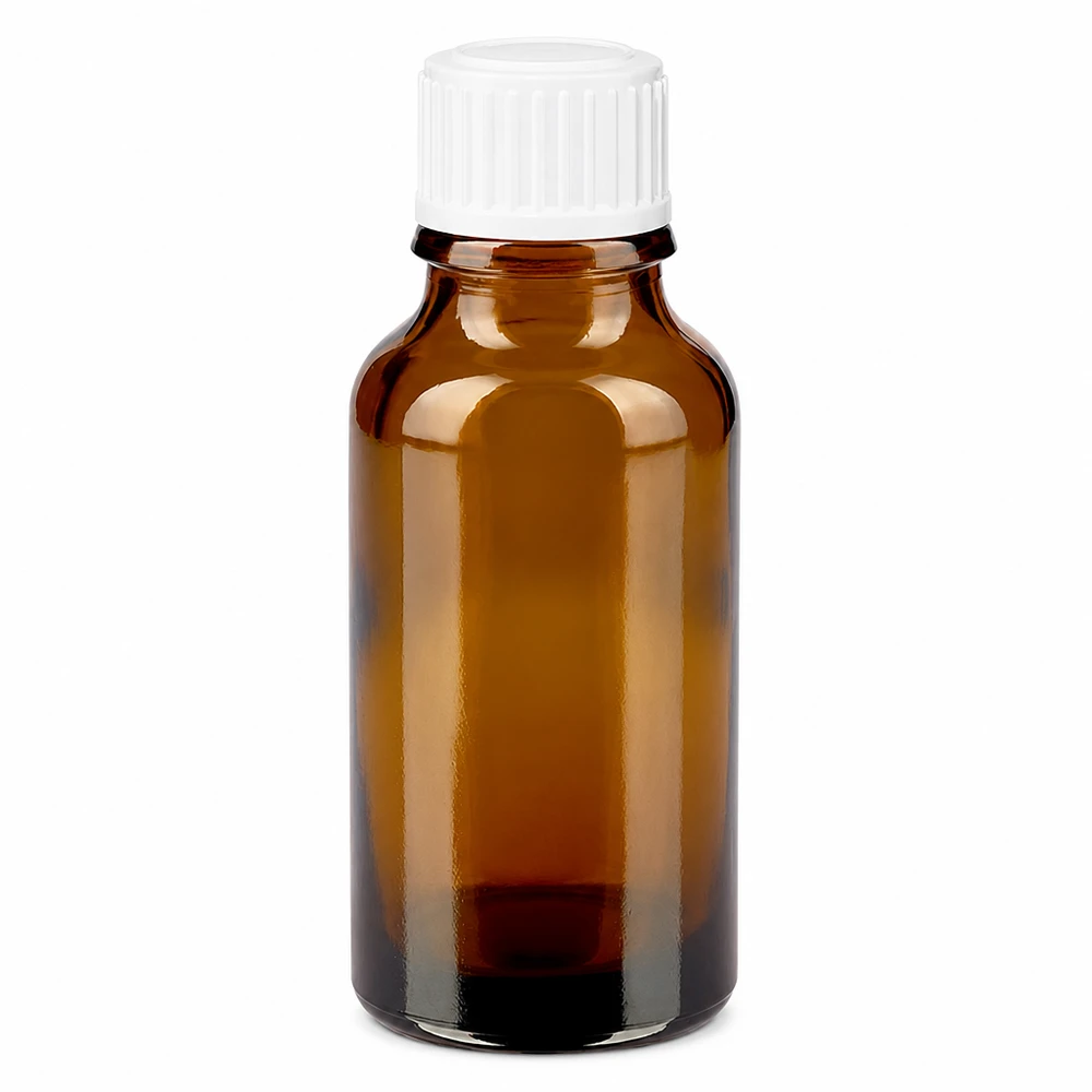 Kleine braune Glasflasche 20ml mit weißem Kindersicherheitsverschluss für Apotheken