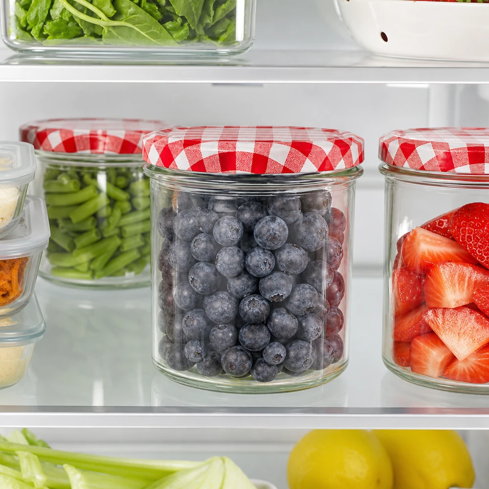350ml Sturzglas + BasicSeal Deckel rot/weiß UNiTWIST 350ml Sturzglas im Kühlschrank mit Blaubeeren gefüllt, rot-weiß karierter Deckel, Lebensmittelaufbewahrung