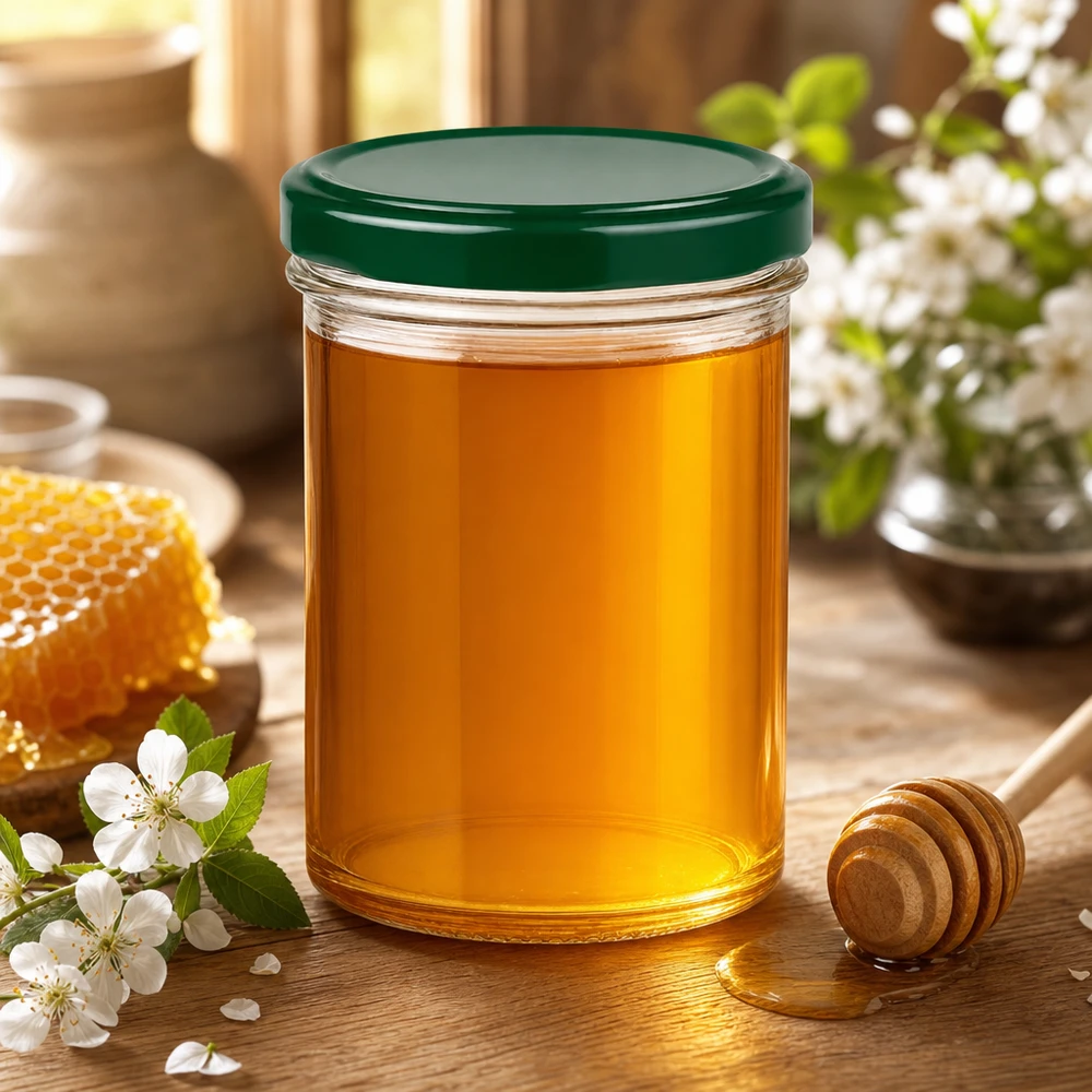 350ml Sturzglas + BasicSeal Deckel grün UNiTWIST 350ml Sturzglas UNiTWIST grün mit Honig befüllt neben Honiglöffel Waben und Blüten auf rustikalem Holztisch