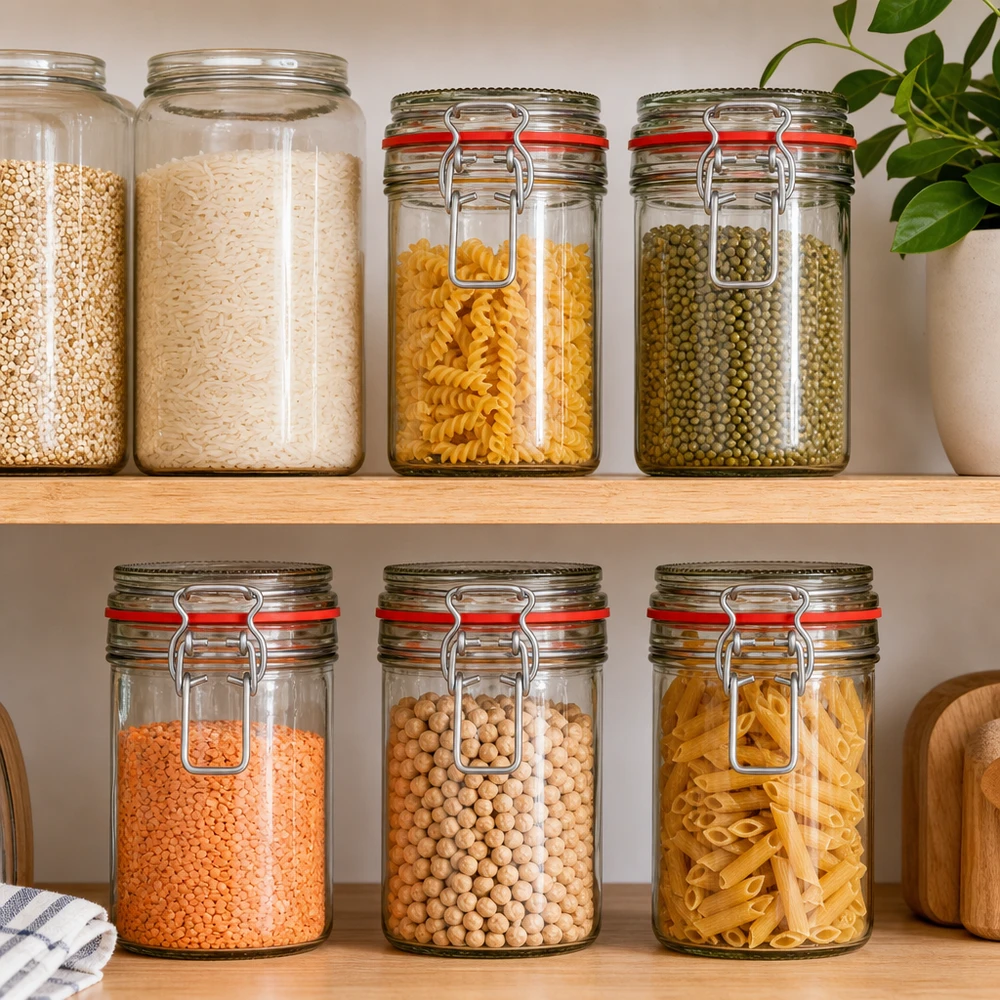 272ml Vorratsglas Typ G mit Bügelverschluss UN.. Vorratsgläser mit Bügelverschluss gefüllt mit Nudeln, Linsen und Getreide in moderner Küche - luftdichte Aufbewahrung