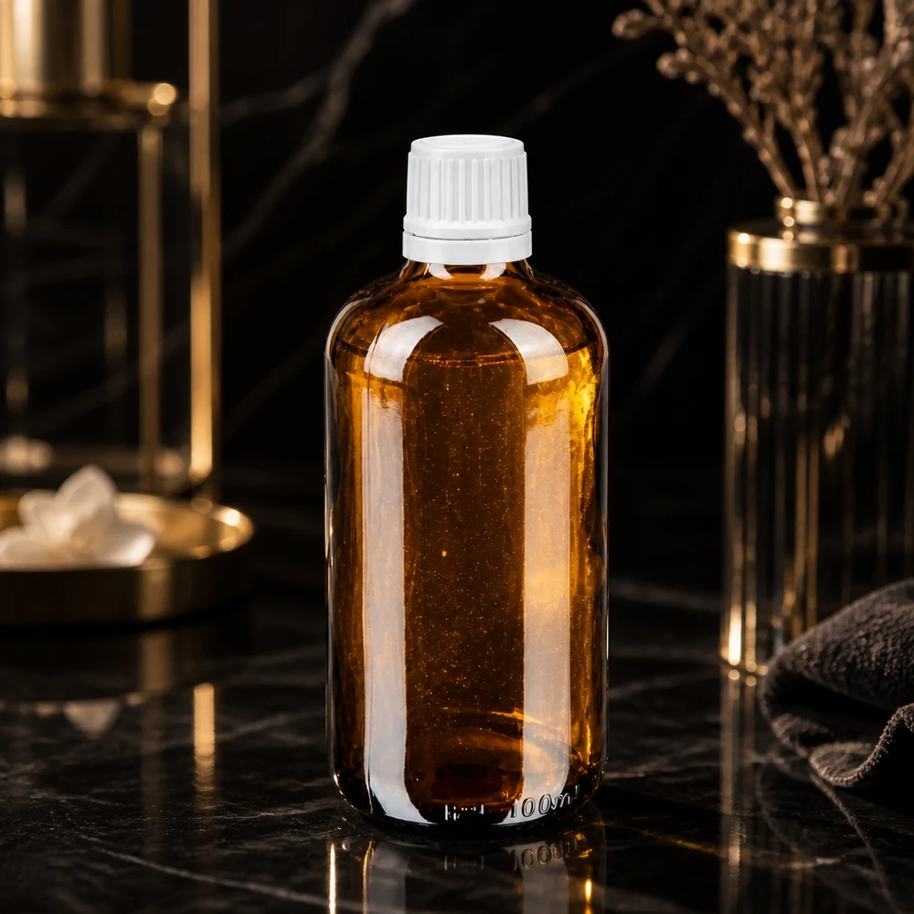 Apothekerglas 100ml bernsteinfarben mit weißem Sicherheitsverschluss und 0,7mm Präzisionstropfer