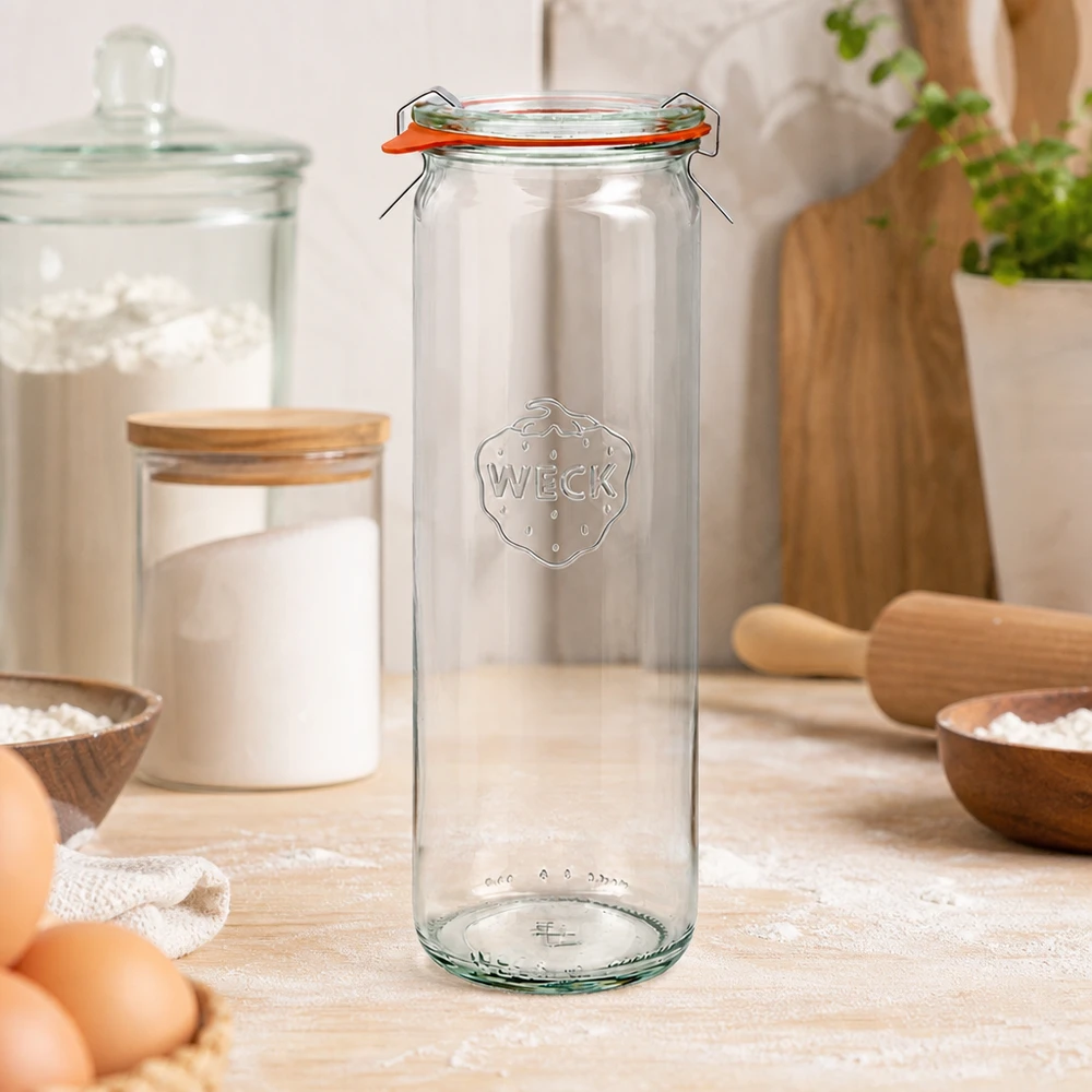 WECK Zylinderglas 600ml RR60 leer in natürlicher Küchenumgebung mit Backzutaten Mehl Eiern und Holzutensilien