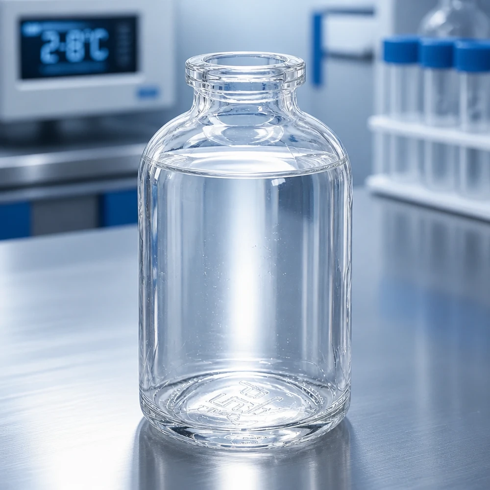 Sterile Klarglas Injektionsflasche 50ml neben Reagenzgläsern im Kühllabor