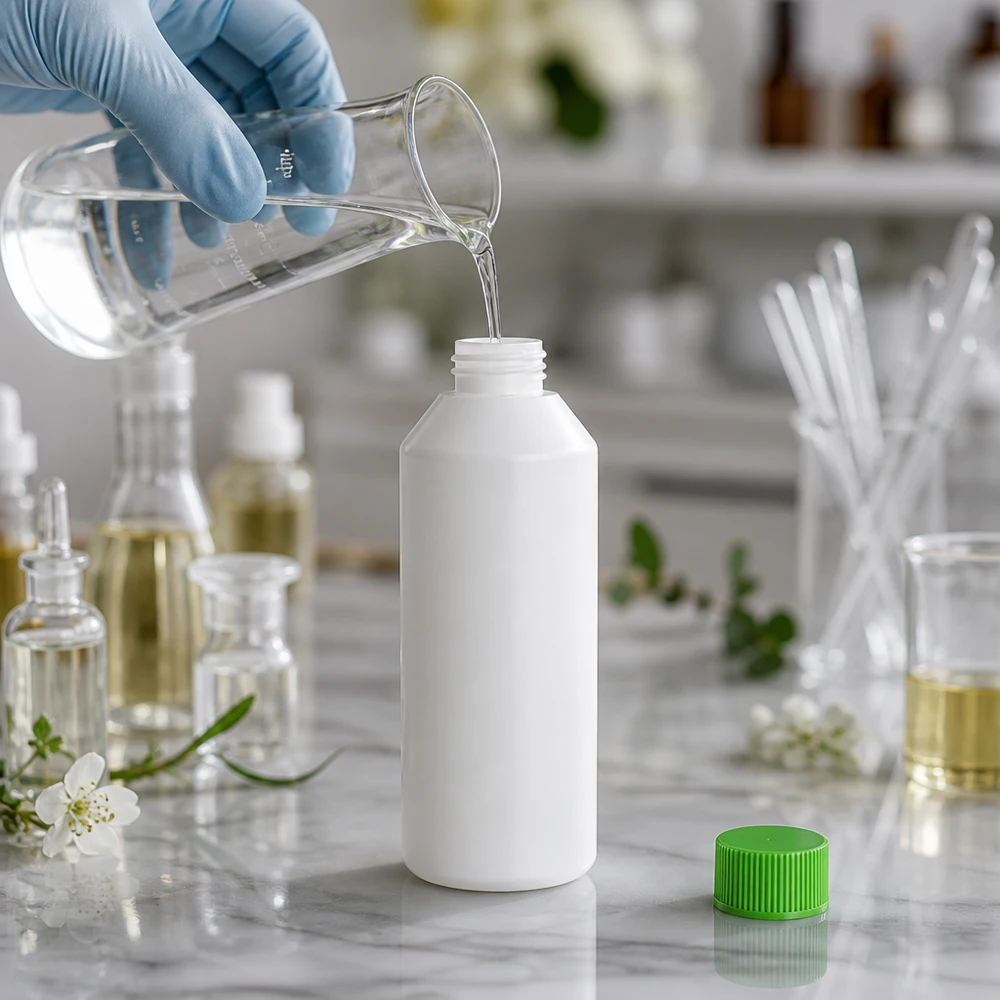 Apothekenflasche HDPE 250ml weiß, mit grünem Schraubverschluss Lebensmittelechte HDPE Flasche 250ml weiß mit grünem Schraubdeckel für ätherische Öle und Tinkturen