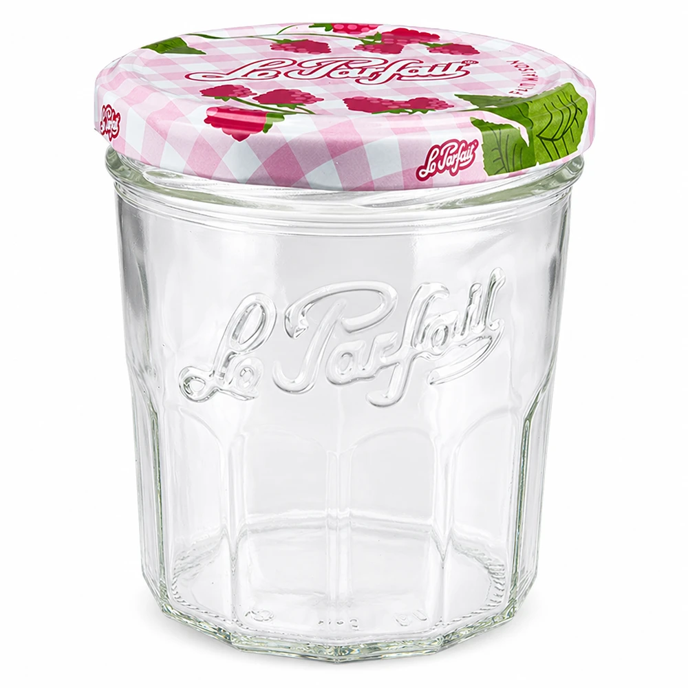 324ml Sturzglas "Jam" mit Schraubdeckel Le Parfait® Leeres 324ml Le Parfait Sturzglas mit Schraubdeckel im Himbeer-Design für Marmelade und Einmachen
