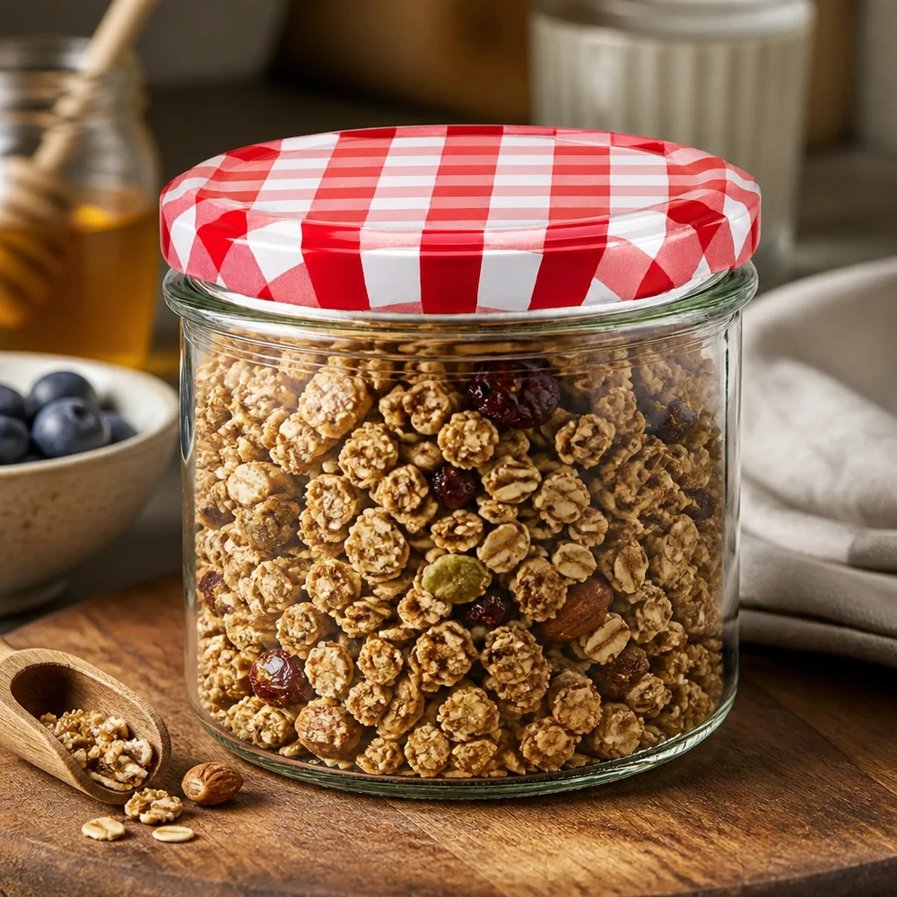 225ml Sturzglas + BasicSeal Deckel rot/weiß UNiTWIST 225ml Sturzglas mit BasicSeal Deckel rot-weiß kariert gefüllt mit Müsli und Nüssen als Vorratsdose in der Küche