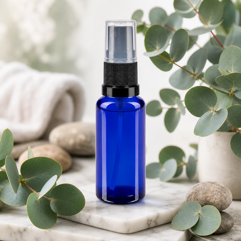 Apothekenflasche blau 30ml Sprayaufsatz schwarz Kleine blaue Apothekerflasche 30ml mit schwarzem Pumpzerstäuber auf weißem Marmor