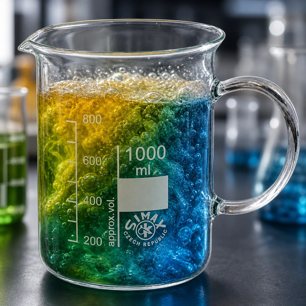 Becherglas 1000ml Borosilikatglas, mit Henkel Laborbecher 1000ml Simax mit voluminösem Henkel und blasenbildender chemischer Reaktion