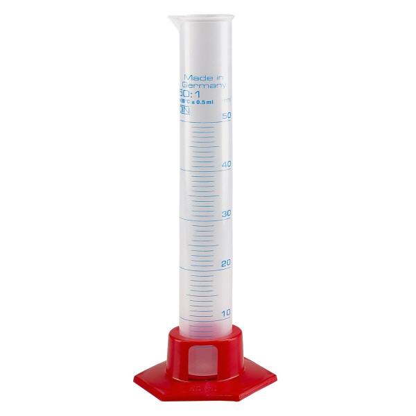50ml Messzylinder Polypropylen, graduiert mit rotem Fuss