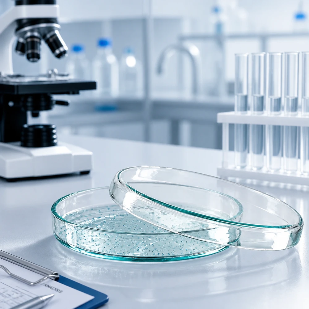 Zwei transparente Glaspetrischalen 90x15mm leicht versetzt auf Labortisch mit Reagenzgläsern