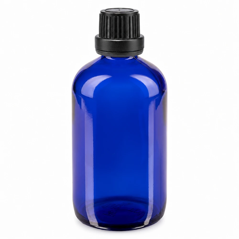 Apothekenflasche blau 100ml Schraubverschluss schwarz Dichteinlage Originalitätsverschluss Blaue Apothekerflasche 100ml Braunglas-Alternative mit kindersicherem Originalitätsverschluss